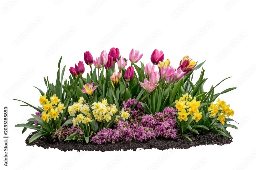 Obraz premium Spring Bulb Garden tulips daffodils vibrant.