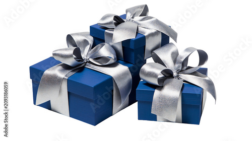 Tapety artystyczne Stack of blue gift boxes with silver ribbons