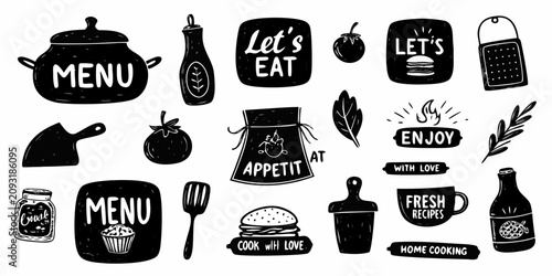 Fotografie Black Silhouette Food And Kitchen Utensil Vector Illustration Set