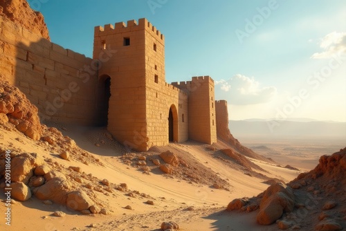 Crumbling fortress, Saharan sun bleaching ancient stones , decay, worn,  arid climate
