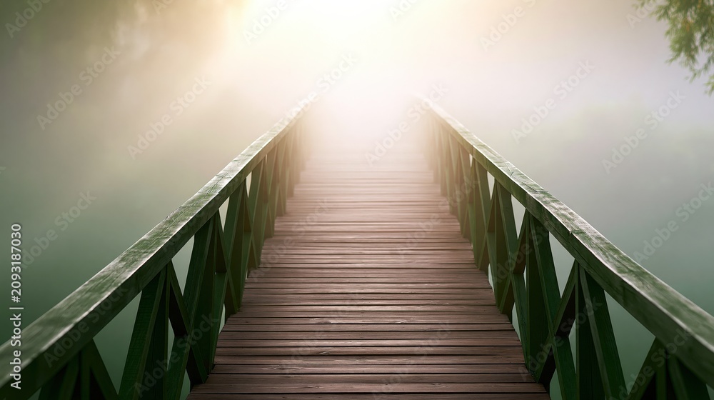 Naklejka premium Wooden walkway leading to bright, hazy sunlight over tranquil water, symbolizing hope and a new beginning.