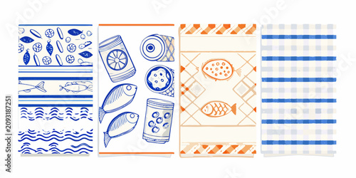 sardine and seafood illustration set retro style blue orange fish canned food pattern stripes waves design graphic