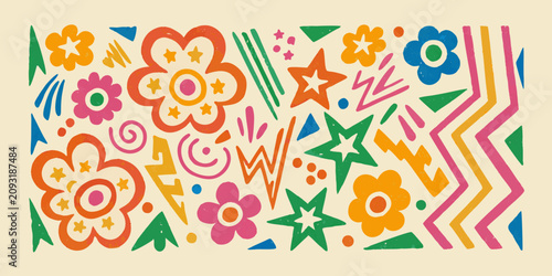 Foto hand drawn abstract pattern with colorful flowers stars and zigzags vector illus