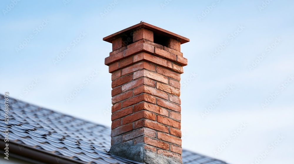 Obraz premium Traditional Red Brick Chimney on a Rooftop Against a Clear Blue Sky
