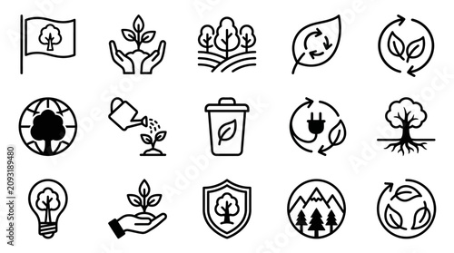 Fotografía Creative Black and White Line Icons Set Featuring Environmental Conservation Tre