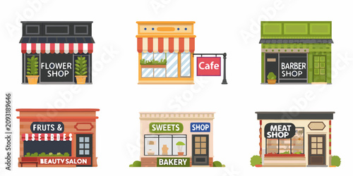 Quadro su tela Set Of Six Illustrated Shopfronts On A White Background