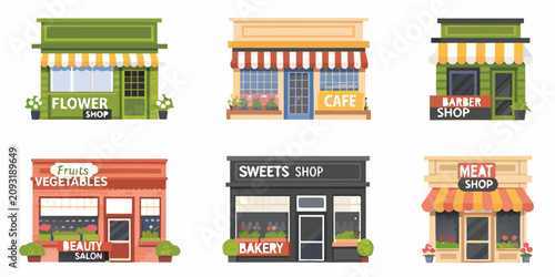 Collection Of Colorful Shopfronts A Vector Illustration Set