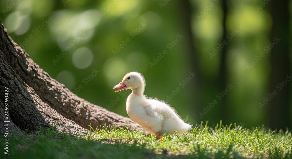 Obraz premium Yellow duckling standing on green grass in spring park.