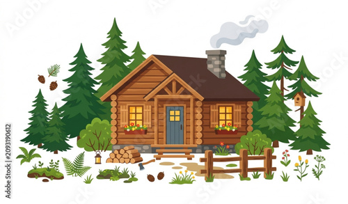 Cozy Wooden Log Cabin Among Pine Trees Cartoon Vector Illustration