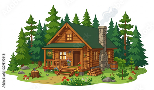 Charming Forest Log Cabin with Pine Trees Vector Illustration for Nature Design