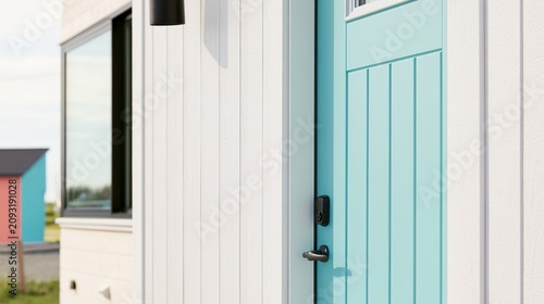 cottage. Modern cottage with a teal door, showcasing clean architectural lines and contemporary design in natural daylight. real-estate listings.