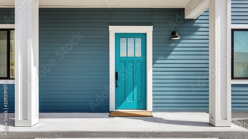cottage. Modern cottage with a teal door, showcasing clean architectural lines and contemporary design in natural daylight. real-estate listings.