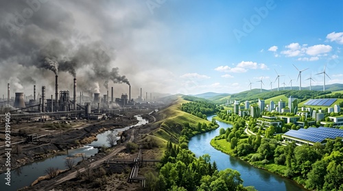 Split Environmental Landscape Showing Air Pollution and Clean Air Transformation
