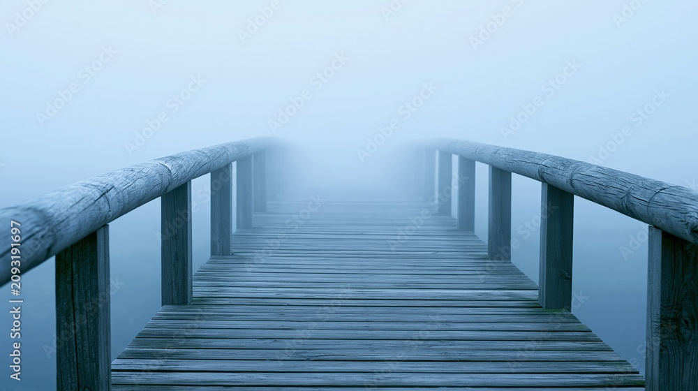 Fototapeta premium Wooden pier disappearing into thick fog over calm water, creating a mysterious and atmospheric scene.