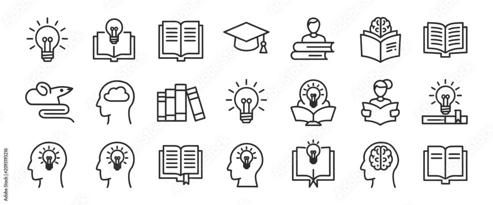 Fototapeta premium Knowledge Thin Line Icon Set Featuring Learning, Education, Research, Innovation, Brainstorming And Information Symbols With Editable Stroke For Website, App And UI Design.