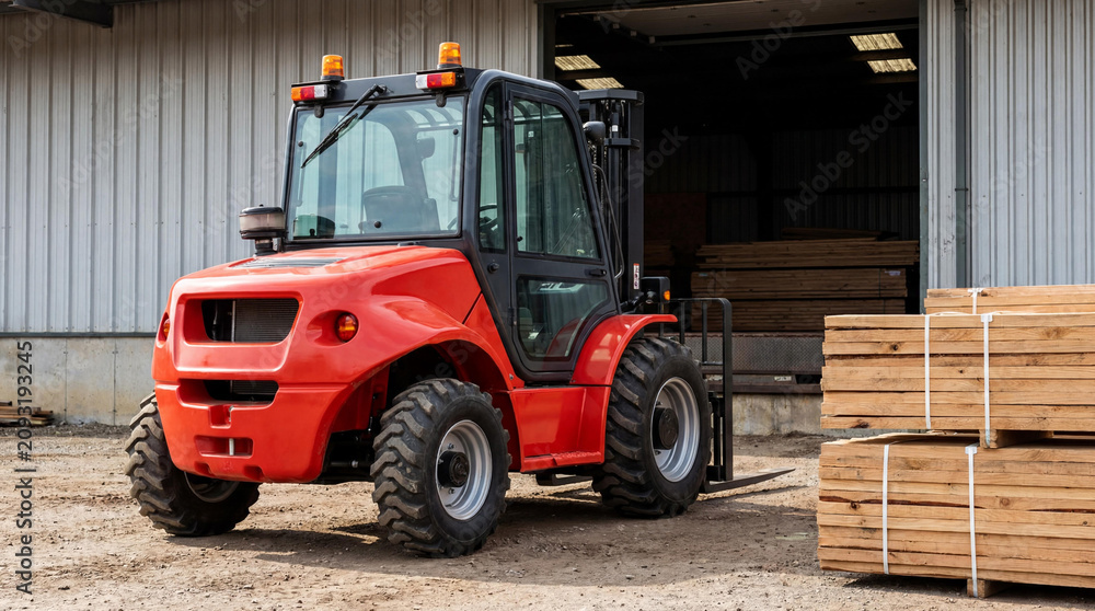 Obraz premium Red forklift with wide tires parked at a warehouse door next to stacked wooden boards in an industrial storage scene