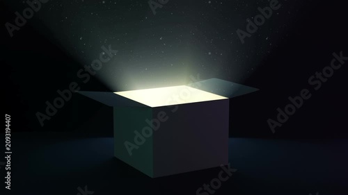 An open box emits bright glowing light into a dark space as floating dust particles drift above it in a mysterious minimalist 3D animation