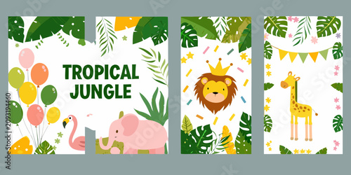 Canvas Print Tropical jungle vector illustration with balloons lion giraffe and foliage
