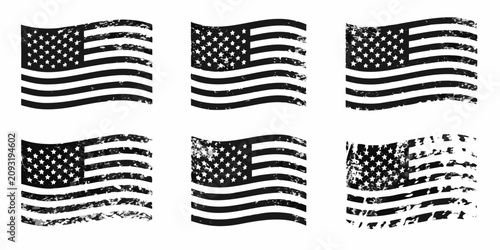 Foto Set Of Six Distressed American Flags Black And White Vector Illustration
