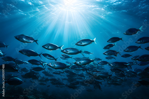Sunlit school of fish shimmering in clear blue ocean water. Dynamic underwater scene with natural light beams.