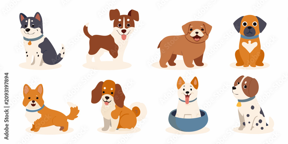Fototapeta premium various dogs in cute flat vector style on white background puppies canines pets animal illustration cartoon design