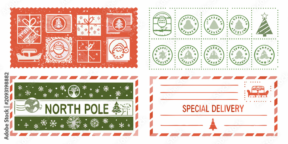 Fototapeta premium vintage style christmas postage stamps and postcard with festive designs holiday theme seasonal art retro graphics stamp