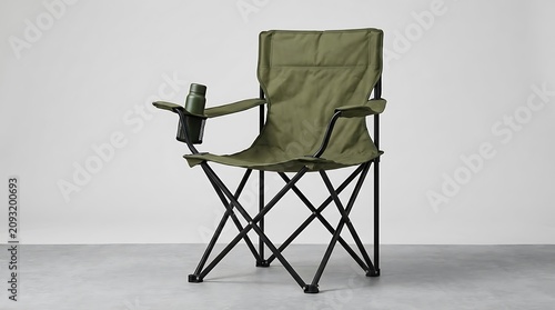 Green folding camping chair with a cup holder for outdoor travel and leisure activities sitting in nature