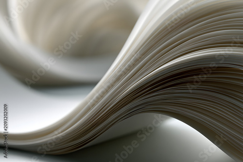 Abstract close-up of fanned paper creating elegant, wavy curves and delicate textures with soft lighting and subtle gradient background.