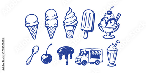 ice cream collection and hand drawn sweet summer dessert popsicle sundae truck milkshake doodle icon set vector illustration