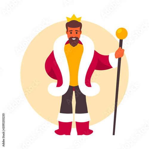 King wearing a royal crown and heavy fur-lined robe holds a golden scepter in his hand.