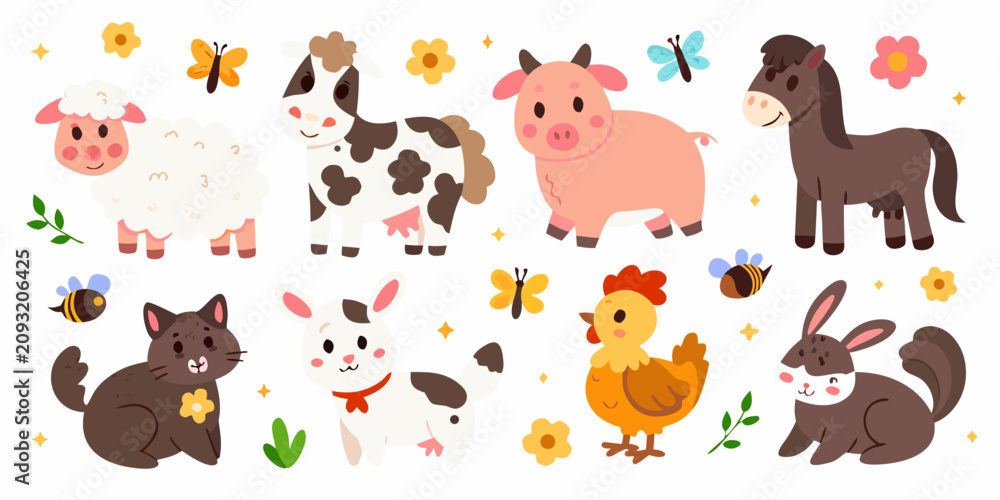 Fototapeta premium Farm Animals Collection Colorful Vector Illustration With Floral Elements