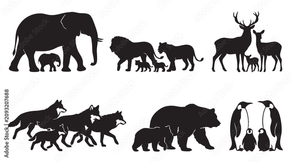 Obraz premium Elephant, Rhinoceros, and Deer Silhouettes Icons with Animal Footprint Tracks and Forest Wildlife Concept on White Background for Design Use