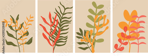 Hand Drawn Autumn Botanical Poster Set with Abstract Leaves, Modern Vector Wall Art Collection