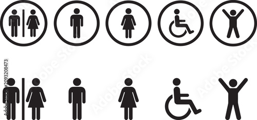 Set of black restroom and accessibility icons featuring human silhouettes in circular frames and isolated vector format