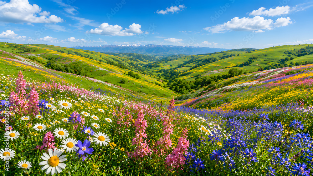 Fototapeta premium Colorful Spring Valley Filled With Wildflowers