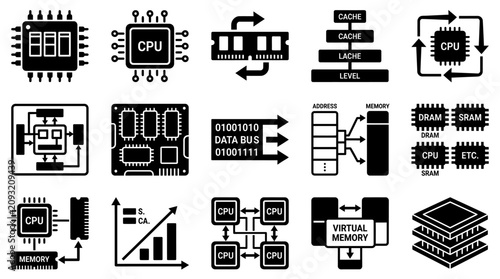 Obraz na płótnie Creative Black and White Icons Set Illustrating Computer CPU Memory Cache and Da