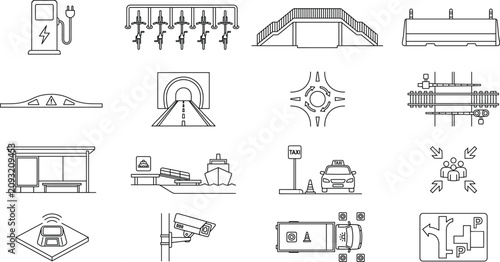 Quadro su tela Urban transportation and city infrastructure outline icon set featuring public t
