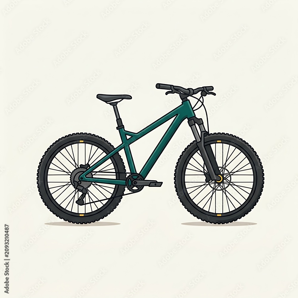 Fototapeta premium Flat of a dark teal mountain bike with black tires and spokes, isolated on a light cream background, for cycling enthusiasts