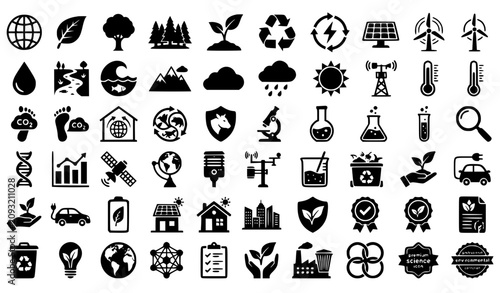 Obraz na płótnie Ecology and Renewable Energy Icon Set Featuring Solar Panels, Wind Turbines, Rec