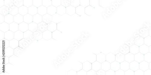 Abstract white technology background with subtle blue hexagonal grid pattern and copy space