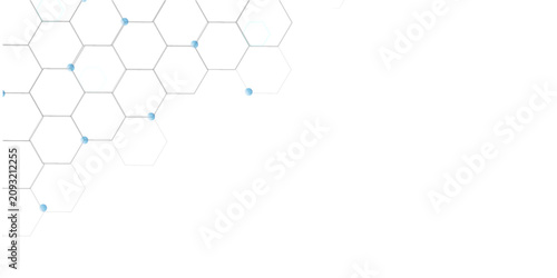 Fotografie Abstract white geometric background with gray hexagon mesh pattern and blue acce