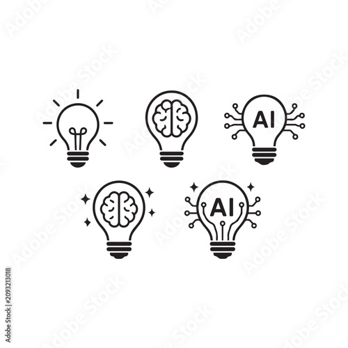 Artificial Intelligence Light Bulb Icons   AI Innovation and Smart Technology Solid Vector Set