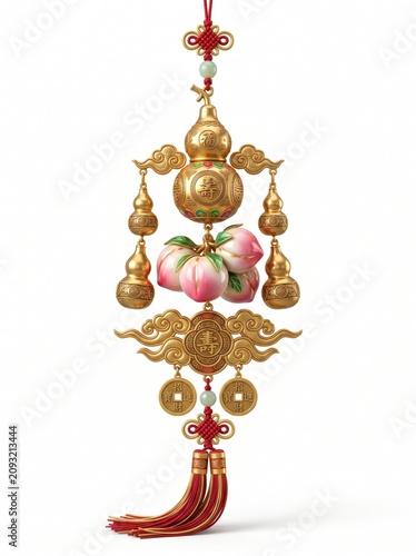 Museum-quality oriental prosperity ornament featuring Wu Lou, longevity peaches, hanging golden gourds, auspicious clouds, metallic gold craftsmanship