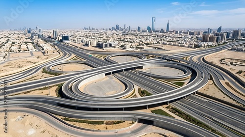 Modern highway interchange curving in Riyadh Saudi Arabia during the day