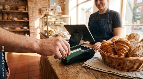 Customer Paying with Green Credit Card at Cozy Bakery Counter with Fresh Pastries
