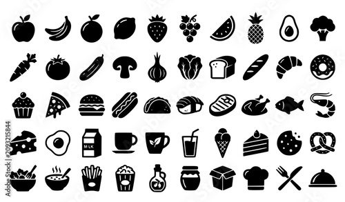 50 Solid Food Icons Vector Set for Restaurant Cafe Menu and Kitchen Design
