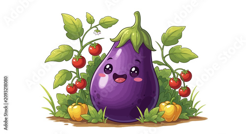 Cute cartoon eggplant character smiling in a garden with tomatoes and peppers