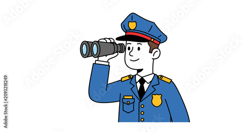 Police officer in blue uniform looking through binoculars