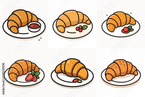 Foto Buttery Croissant Collection – Cartoon French Pastry Breakfast Vector Icon Set