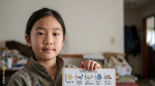 Young Asian girl holding a daily routine chart with illustrated steps for children